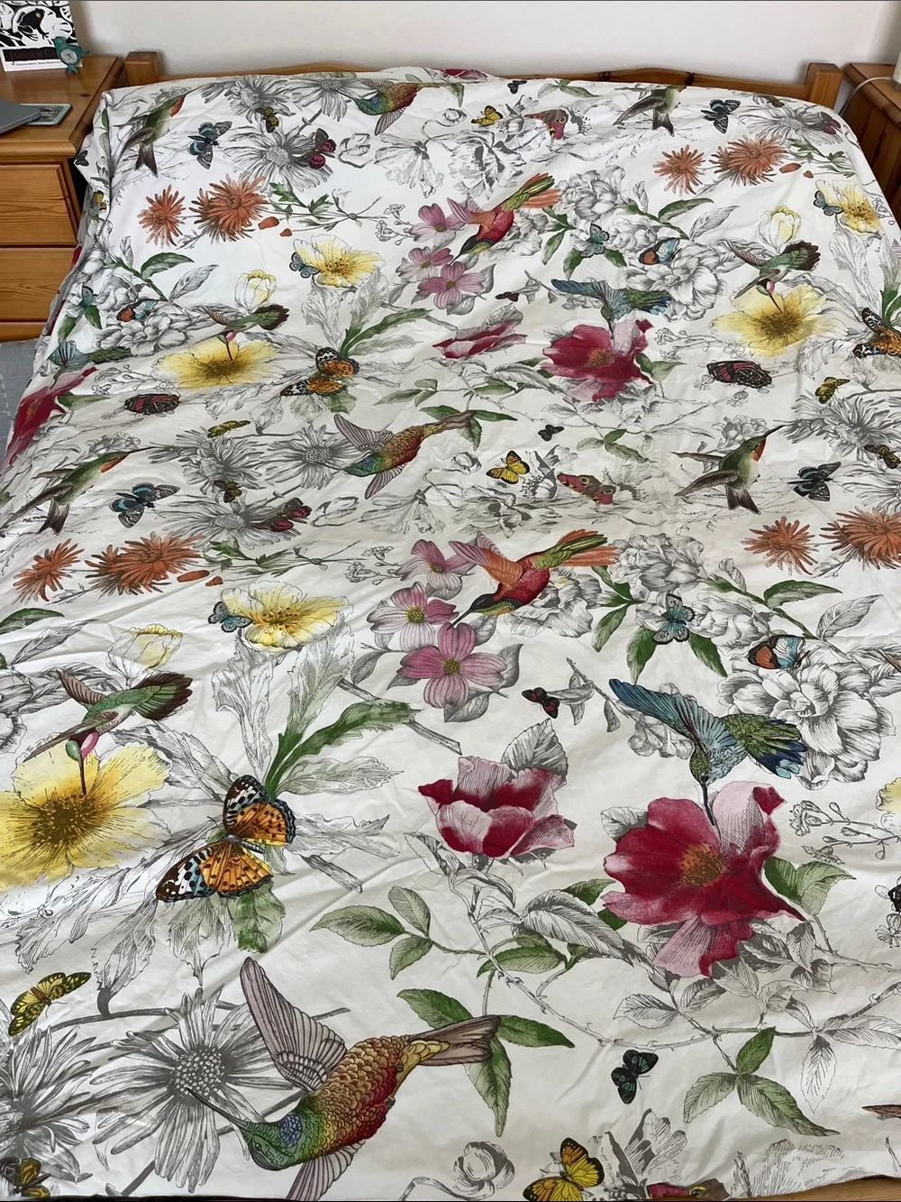 Botanical Hummingbird Floral Duvet Cover in White with Multicolor Accents